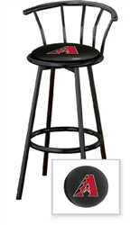 1 - 29" Black Metal Finish Bar Stool with backrest Featuring the Arizona Diamondbacks MLB Team Logo Decal on a Black Vinyl Covered Seat Cushion