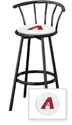 1 - 29" Black Metal Finish Bar Stool with backrest Featuring the Arizona Diamondbacks MLB Team Logo Decal on a White Vinyl Covered Seat Cushion