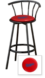 1 - 29" Black Metal Finish Bar Stool with backrest Featuring the Los Angeles Dodgers MLB Team Logo Decal on a Red Vinyl Covered Seat Cushion