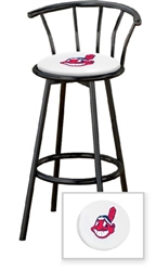 1 - 29" Black Metal Finish Bar Stool with backrest Featuring the Cleveland Indians MLB Team Logo Decal on a White Vinyl Covered Seat Cushion