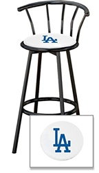 1 - 29" Black Metal Finish Bar Stool with backrest Featuring the Los Angeles Dodgers MLB Team Logo Decal on a White Vinyl Covered Seat Cushion