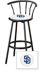 1 - 29" Black Metal Finish Bar Stool with backrest Featuring the San Diego Padres MLB Team Logo Decal on a White Vinyl Covered Seat Cushion
