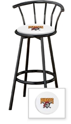 1 - 29" Black Metal Finish Bar Stool with backrest Featuring the Pittsburgh Pirates MLB Team Logo Decal on a White Vinyl Covered Seat Cushion