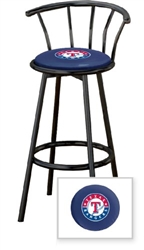 1 - 29" Black Metal Finish Bar Stool with backrest Featuring the Texas Rangers MLB Team Logo Decal on a Blue Vinyl Covered Seat Cushion