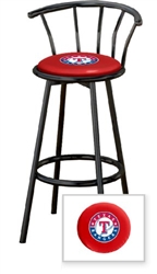 1 - 29" Black Metal Finish Bar Stool with backrest Featuring the Texas Rangers MLB Team Logo Decal on a Red Vinyl Covered Seat Cushion