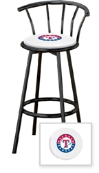 1 - 29" Black Metal Finish Bar Stool with backrest Featuring the Texas Rangers MLB Team Logo Decal on a White Vinyl Covered Seat Cushion