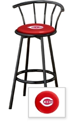 1 - 29" Black Metal Finish Bar Stool with backrest Featuring the Cincinnati Reds MLB Team Logo Decal on a Red Vinyl Covered Seat Cushion