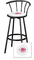 1 - 29" Black Metal Finish Bar Stool with backrest Featuring the Cincinnati Reds MLB Team Logo Decal on a White Vinyl Covered Seat Cushion