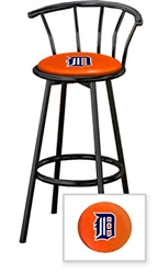 1 - 29" Black Metal Finish Bar Stool with backrest Featuring the Detroit Tigers MLB Team Logo Decal on an Orange Vinyl Covered Seat Cushion