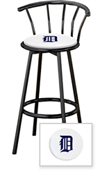 1 - 29" Black Metal Finish Bar Stool with backrest Featuring the Detroit Tigers MLB Team Logo Decal on a White Vinyl Covered Seat Cushion