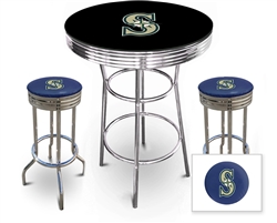 3 Piece Black Pub/Bar Table Featuring the Seattle Mariners MLB Team Logo Decal with a glass top and 2 Blue Vinyl Team Logo Decal Swivel Stools