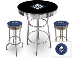 3 Piece Black Pub/Bar Table Featuring the Tampa Bay Rays MLB Team Logo Decal with a glass top and 2 Blue Vinyl Team Logo Decal Swivel Stools
