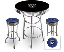 3 Piece Black Pub/Bar Table Featuring the Kansas City Royals MLB Team Logo Decal with a glass top and 2 Blue Vinyl Team Logo Decal Swivel Stools