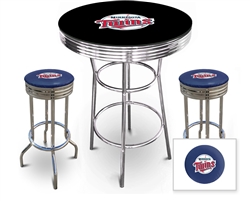 3 Piece Black Pub/Bar Table Featuring the Minnesota Twins MLB Team Logo Decal with a glass top and 2 Blue Vinyl Team Logo Decal Swivel Stools