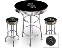 3 Piece Black Pub/Bar Table Featuring the Chicago White Sox MLB Team Logo Decal with a glass top and 2 Black Vinyl Team Logo Decal Swivel Stools