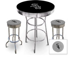 3 Piece Black Pub/Bar Table Featuring the Chicago White Sox MLB Team Logo Decal with a glass top and 2 Gray Vinyl Team Logo Decal Swivel Stools