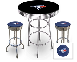 3 Piece Black Pub/Bar Table Featuring the Toronto Blue Jays MLB Team Logo Decal with a glass top and 2 Blue Vinyl Team Logo Decal Swivel Stools