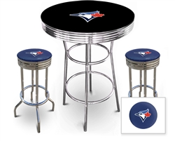 3 Piece Black Pub/Bar Table Featuring the Toronto Blue Jays MLB Team Logo Decal and 2 Blue Vinyl Team Logo Decal Swivel Stools