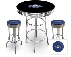 3 Piece Black Pub/Bar Table Featuring the Milwaukee Brewers MLB Team Logo Decal with a glass top and 2 Blue Vinyl Team Logo Decal Swivel Stools