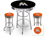 3 Piece Black Pub/Bar Table Featuring the Miami Marlins MLB Team Logo Decal and 2 Orange Vinyl Team Logo Decal Swivel Stools