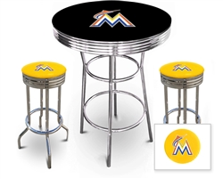 3 Piece Black Pub/Bar Table Featuring the Miami Marlins MLB Team Logo Decal and 2 Yellow Vinyl Team Logo Decal Swivel Stools