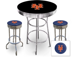 3 Piece Black Pub/Bar Table Featuring the New York Mets MLB Team Logo Decal and 2 Blue Vinyl Team Logo Decal Swivel Stools