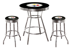 3 Piece Black Pub/Bar Table Featuring the Pittsburgh Steelers NFL Team Logo Decal and 2-29" Black Vinyl Team Logo Decal Swivel Stools