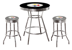 3 Piece Black Pub/Bar Table Featuring the Pittsburgh Steelers NFL Team Logo Decal and 2-29" Grey Vinyl Team Logo Decal Swivel Stools