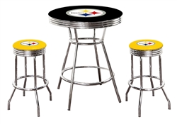 3 Piece Black Pub/Bar Table Featuring the Pittsburgh Steelers NFL Team Logo Decal and 2-29" Yellow Vinyl Team Logo Decal Swivel Stools