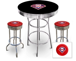 3 Piece Black Pub/Bar Table Featuring the Philadelphia Phillies MLB Team Logo Decal and 2 Red Vinyl Team Logo Decal Swivel Stools