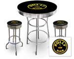 New Gas Themed 3 Piece Bar Table Set Includes 2 Swivel Seat Bar Stools featuring Polly Gas Theme with Black Seat Cushion