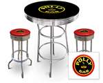 New Gas Themed 3 Piece Bar Table Set Includes 2 Swivel Seat Bar Stools featuring Polly Gas Theme with Red Seat Cushion