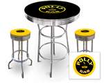 New Gas Themed 3 Piece Bar Table Set Includes 2 Swivel Seat Bar Stools featuring Polly Gas Theme with Yellow Seat Cushion