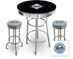 3 Piece Black Pub/Bar Table Featuring the Tampa Bay Rays MLB Team Logo Decal and 2 Baby Blue Vinyl Team Logo Decal Swivel Stools