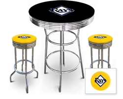 3 Piece Black Pub/Bar Table Featuring the Tampa Bay Rays MLB Team Logo Decal and 2 Yellow Vinyl Team Logo Decal Swivel Stools