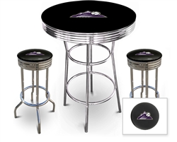 3 Piece Black Pub/Bar Table Featuring the Colorado Rockies MLB Team Logo Decal and 2 Black Vinyl Team Logo Decal Swivel Stools