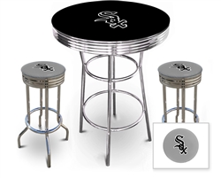 3 Piece Black Pub/Bar Table Featuring the Chicago White Sox MLB Team Logo Decal and 2 Gray Vinyl Team Logo Decal Swivel Stools