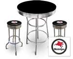 New 3 Piece Bar Table Set Includes 2 Swivel Seat Bar Stools featuring Mobil Gas Theme with Black Seat Cushion