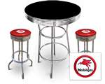 New 3 Piece Bar Table Set Includes 2 Swivel Seat Bar Stools featuring Mobil Gas Theme with Blue Seat Cushion