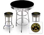 New 3 Piece Bar Table Set Includes 2 Swivel Seat Bar Stools featuring Polly Gas Theme with Black Seat Cushion