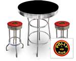 New 3 Piece Bar Table Set Includes 2 Swivel Seat Bar Stools featuring Polly Gas Theme with Red Seat Cushion