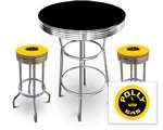 New 3 Piece Bar Table Set Includes 2 Swivel Seat Bar Stools featuring Polly Gas Theme with Yellow Seat Cushion