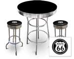 New 3 Piece Bar Table Set Includes 2 Swivel Seat Bar Stools featuring Route 66 Theme with Black Seat Cushion