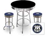 New 3 Piece Bar Table Set Includes 2 Swivel Seat Bar Stools featuring Route 66 Theme with Blue Seat Cushion