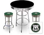 New 3 Piece Bar Table Set Includes 2 Swivel Seat Bar Stools featuring Route 66 Theme with Green Seat Cushion
