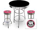 New 3 Piece Bar Table Set Includes 2 Swivel Seat Bar Stools featuring Route 66 Theme with Hot Pink Seat Cushion