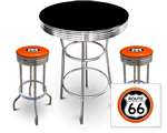 New 3 Piece Bar Table Set Includes 2 Swivel Seat Bar Stools featuring Route 66 Theme with Orange Seat Cushion