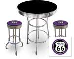 New 3 Piece Bar Table Set Includes 2 Swivel Seat Bar Stools featuring Route 66 Theme with Purple Seat Cushion