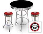 New 3 Piece Bar Table Set Includes 2 Swivel Seat Bar Stools featuring Route 66 Theme with Red Seat Cushion