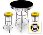 New 3 Piece Bar Table Set Includes 2 Swivel Seat Bar Stools featuring Route 66 Theme with Yellow Seat Cushion